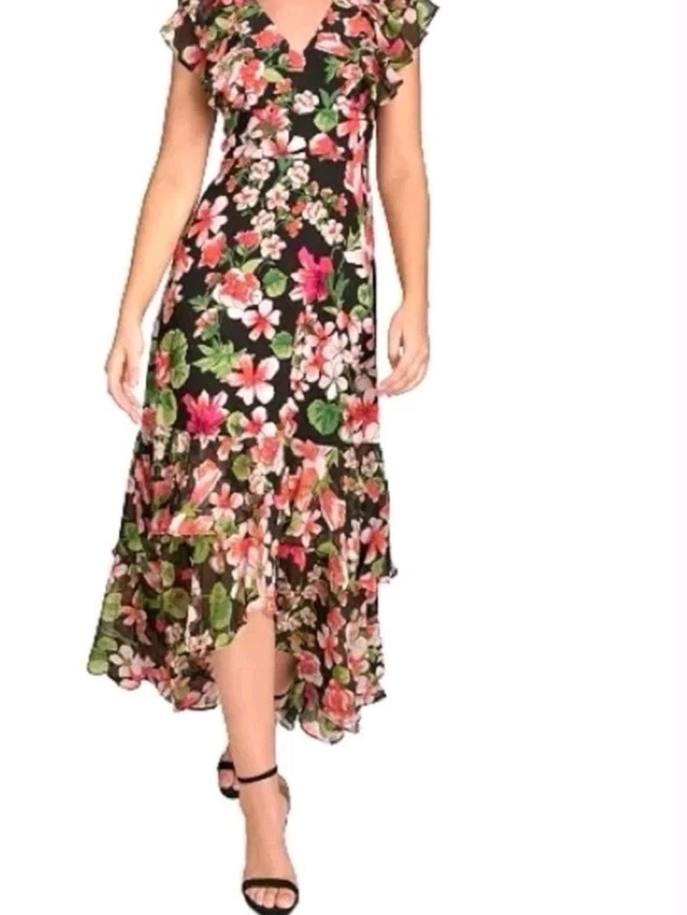 New Tommy Hilfiger Black Floral High-Low Ruffle Midi Dress size 4 with strech